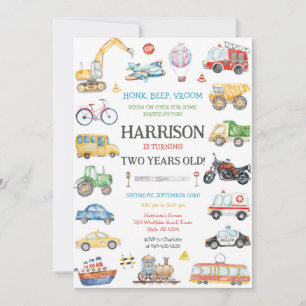 Transportation Vehicle Kids Birthday Invitation