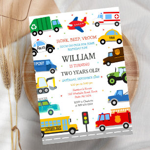 Transportation Vehicle Kids Birthday Invitation
