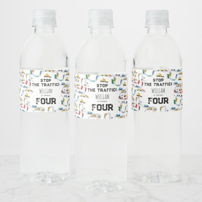 Transportation Vehicles Cars Stop Traffic Birthday Water Bottle Label (Bottles)
