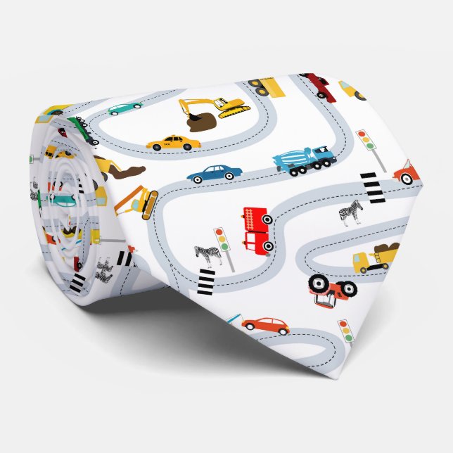 Transportation Vehicles Cars Trucks Road Boys Tie (Rolled)