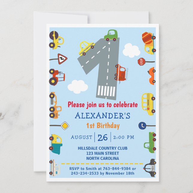 Transportations 1st Birthday Party Invitation (Front)