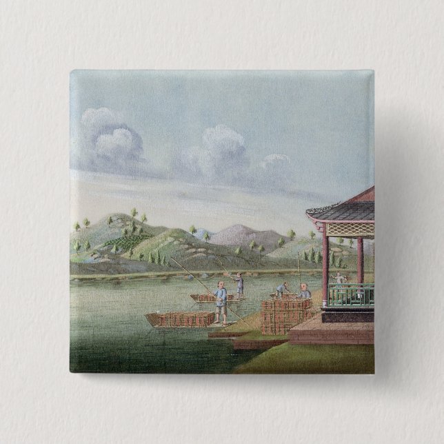 Transporting crates of tea (w/c on paper) 2 inch square button (Front)