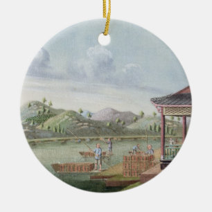 Transporting crates of tea (w/c on paper) ceramic ornament