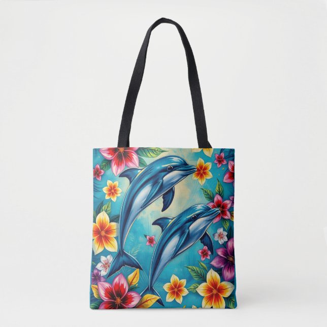 Trapical Floral Dolphins Aesthetic Lover Tote Bag (Front)