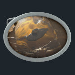 Trapped in Amber Oval Belt Buckle<br><div class="desc">An alien spacecraft trapped inside of giant amber ice crystal.</div>