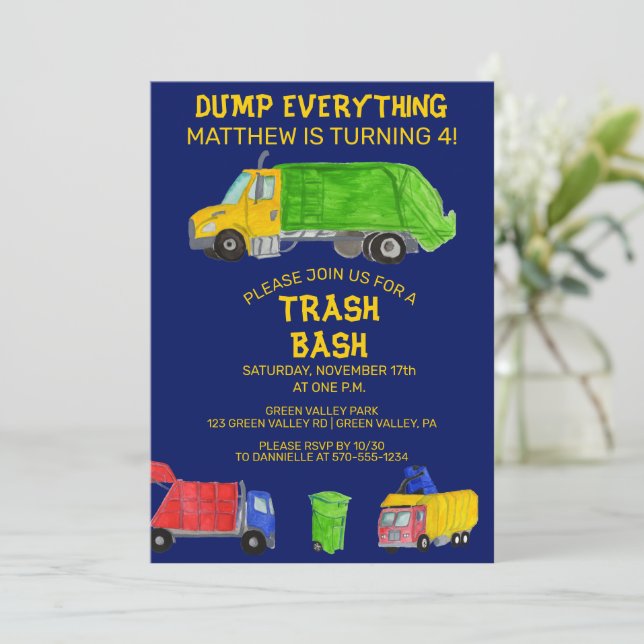 Trash Bash Garbage Trucks Boys Birthday Party Invitation (Standing Front)