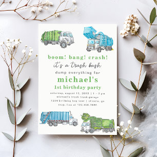 Trash Bash Trash Truck Boy's 1st Birthday Party Invitation