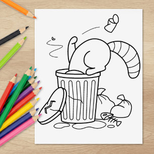 Trash Can Raccoon Colouring Page Rubber Stamp