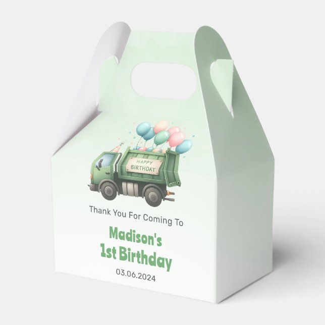 Trash Garbage Truck 1st Birthday Party Favor Box (Front Side)