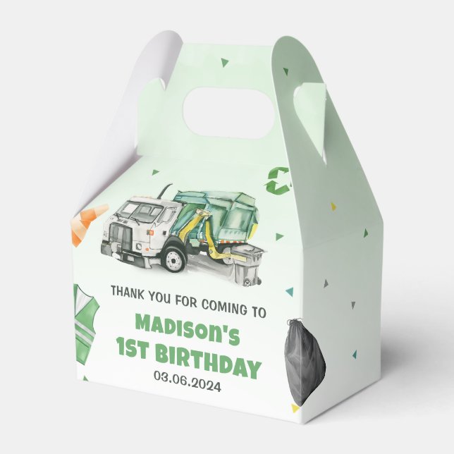Trash Garbage Truck 1st Birthday Party Favor Box (Front Side)