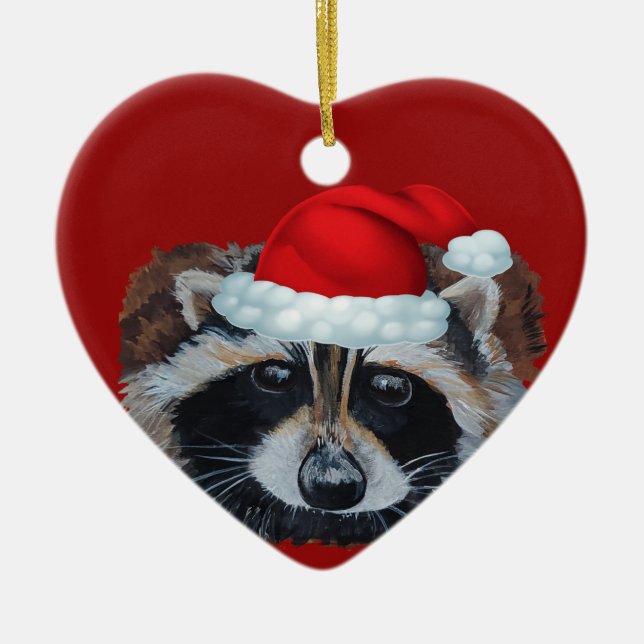 Trash Panda Raccoon Santa Hat Ceramic Ornament (Front)
