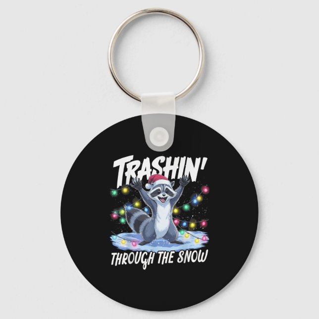 Trashin' Through The Snow Funny Christmas Raccoon  Keychain (Front)