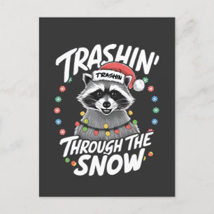 Trashing Through the Snow Funny Raccoon Christmas Announcement Postcard