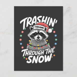 Trashing Through the Snow Funny Raccoon Christmas Announcement Postcard