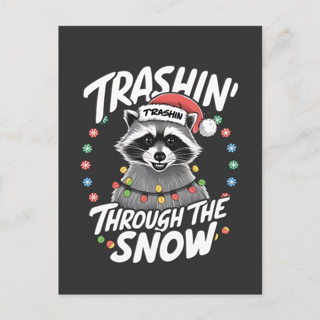 Trashing Through the Snow Funny Raccoon Christmas Announcement Postcard (Front)