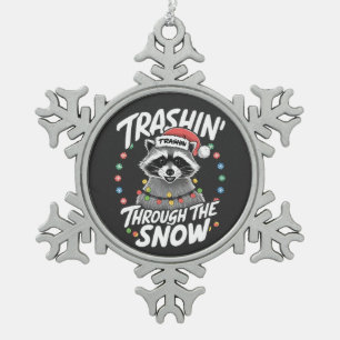 Trashing Through the Snow Funny Raccoon Christmas Snowflake Pewter Christmas Ornament