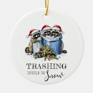 Trashing Through The Snow Raccoons Christmas Ceramic Ornament