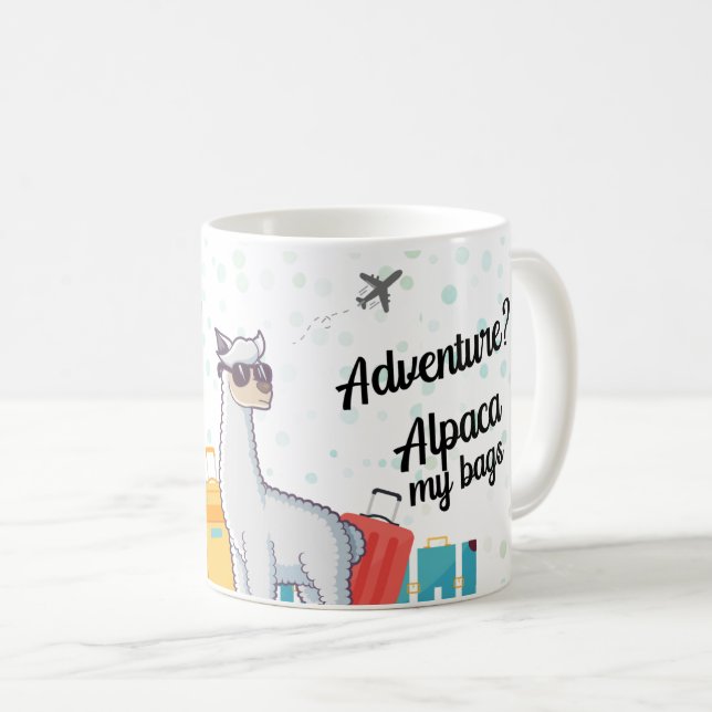 Travel Adventure Awaits Funny Alpaca Coffee Mug (Front Right)