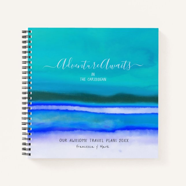 Travel Adventure Couple Caribbean Blue Watercolor Notebook (Front)