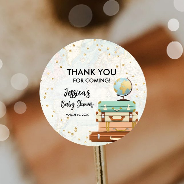 Travel Adventure Gold Confetti Baby Shower Classic Round Sticker (Creator Uploaded)
