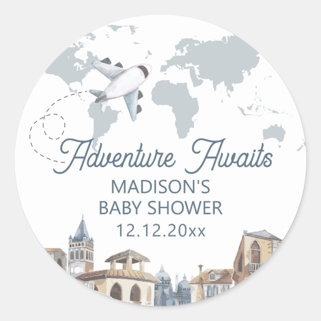 Travel Adventure World Map Airplane Baby Shower  Classic Round Sticker (Front)