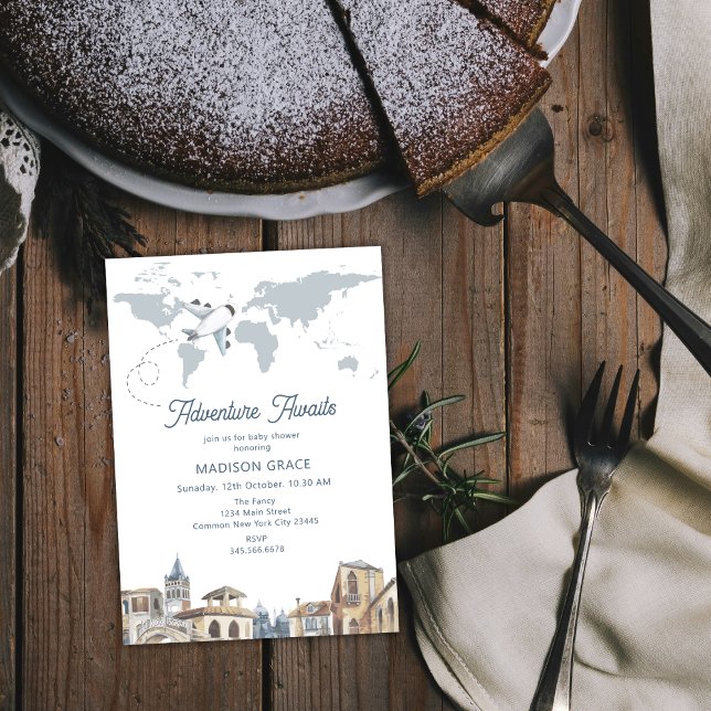 Travel Adventure World Map Airplane Baby Shower Invitation (Travel Adventure World Map Airplane Baby Shower Invitation)
