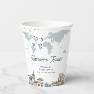 Travel Adventure World Map Airplane Baby Shower  Paper Cups