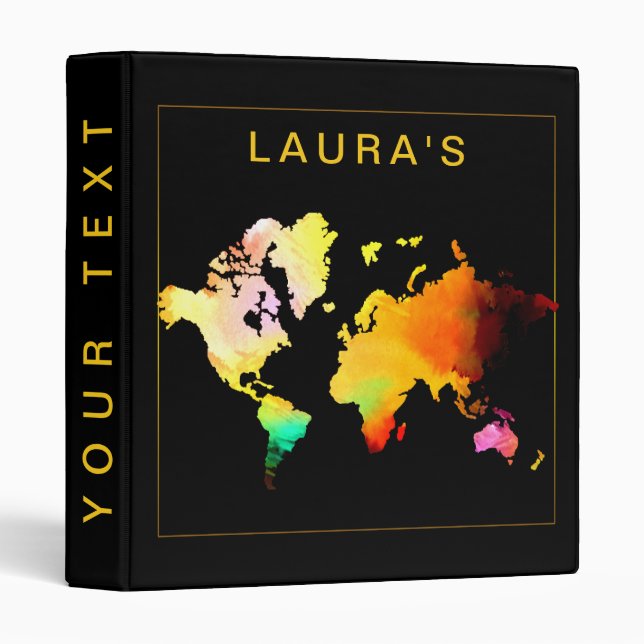 Travel Adventure World Map Watercolor Painted Binder (Front/Spine)