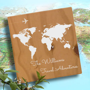 Travel adventures / world map on wood, custom binder