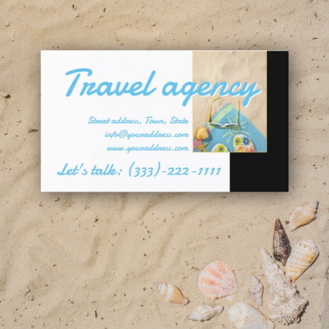 Travel Agency Beach Time Black White Business Card (Perfect for business)