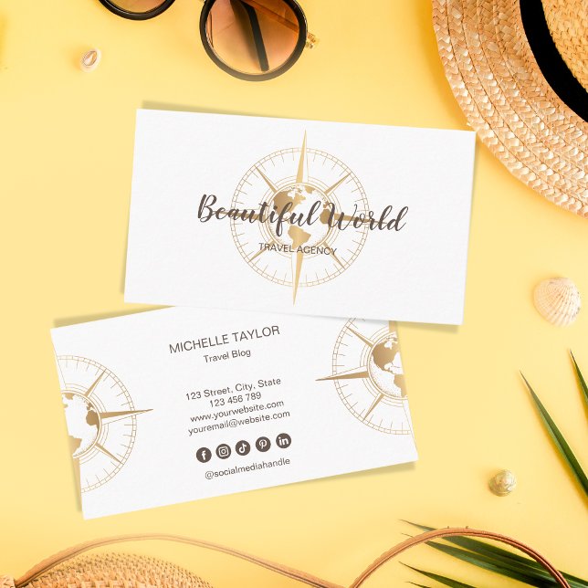 Travel Agency Travel Blog World Map Compass Business Card (Creator Uploaded)