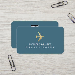 Travel Agent Blue Business Card faux gold airplane