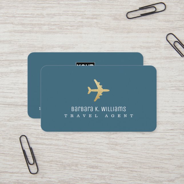 Travel Agent Blue Business Card faux gold airplane (Front/Back In Situ)