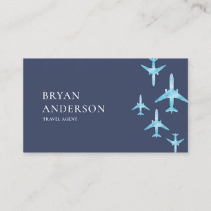Travel Agent Blue Watercolor Airplanes Business Card