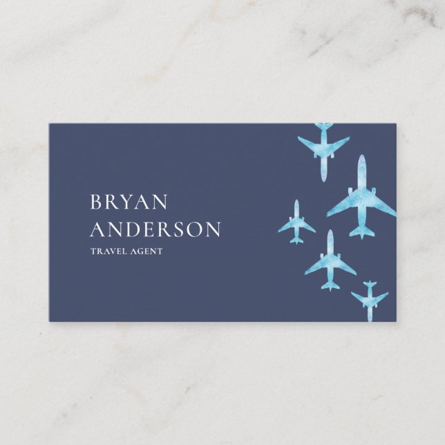 Travel Agent Blue Watercolor Airplanes Business Card (Front)
