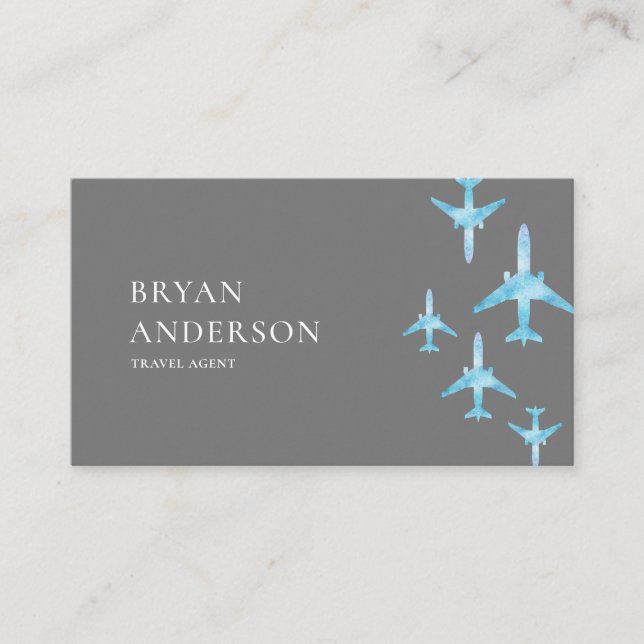 Travel Agent Blue Watercolor Airplanes Business Card (Front)