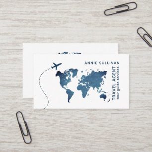 Travel Agent . blue world map and plane Business Card