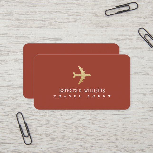 Travel Agent faux gold airplane terracotta Business Card (Front/Back In Situ)