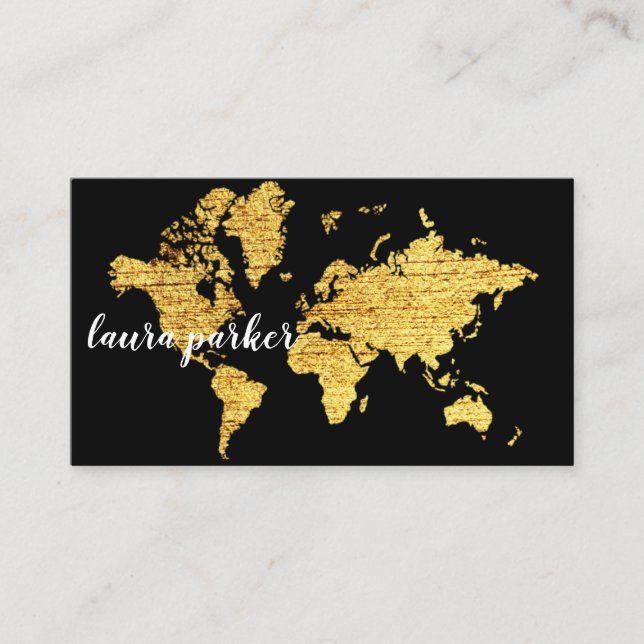 Travel Agent Faux Gold World Map Destination Business Card (Front)
