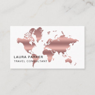 Travel Agent Faux Rose Gold World Map Destination Business Card