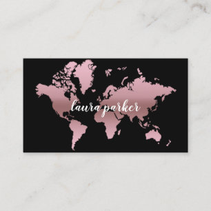 Travel Agent Faux Rose Gold World Map Destination Business Card
