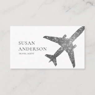 Travel Agent Faux Silver Glitter Airplane Business Card
