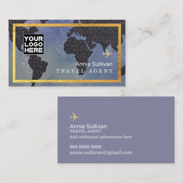 Travel Agent Logo Airplane | World Map blue Business Card (Front/Back)