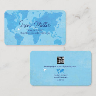 Travel Agent Logo World Map Baby-Blue Business Card