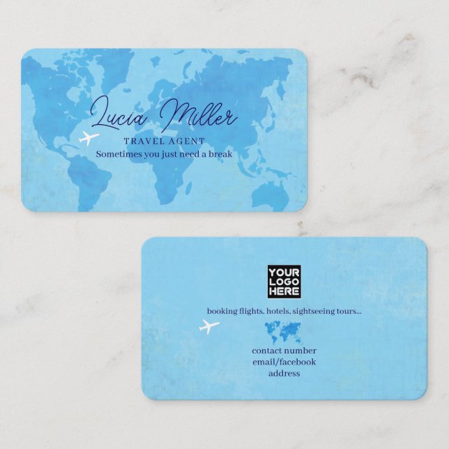 Travel Agent Logo World Map Baby-Blue Business Card (Front/Back)