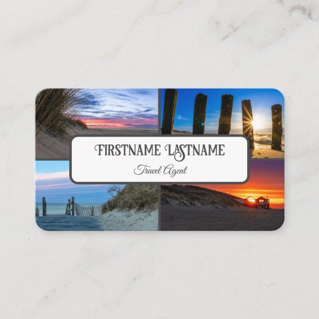 Travel agent sunset sky ocean beach photos QR-Code Business Card (Front)