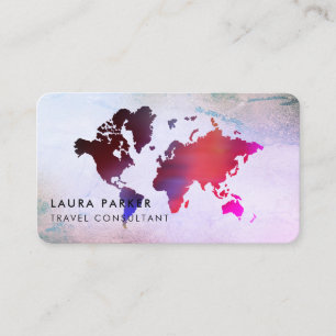 Travel Agent Watercolor World Map Tourism Booking Business Card