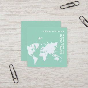 Travel agent with world map and airplane square business card