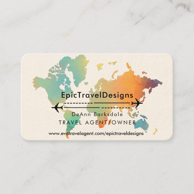 Travel Agent World Map Vacation Water Teal Beach B Business Card (Front)