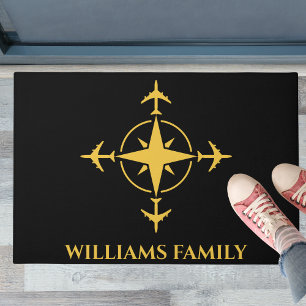 Travel Airplane Compass Aviation Black Gold Custom Doormat